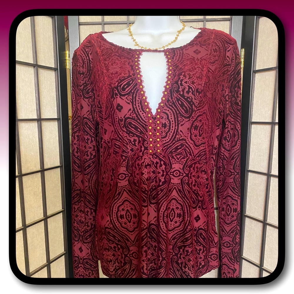 Free People Burgundy Paisley Print Empire Waist Velvet Top